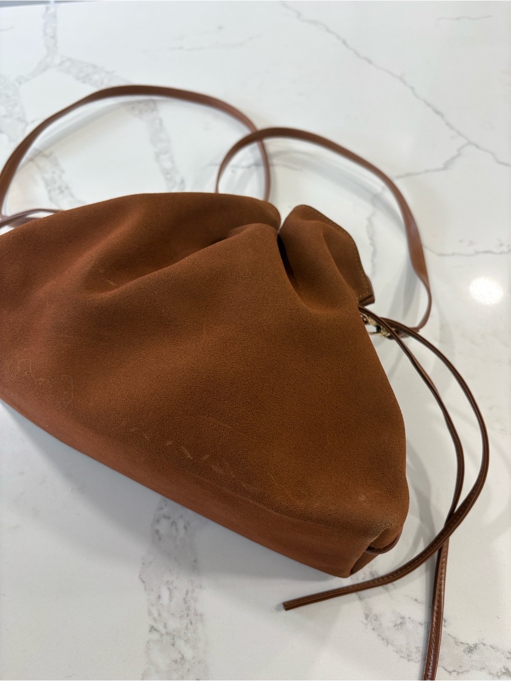 Ann Taylor Cognac Brown Suede Drawstring Shoulder Bag Purse - Picture 8 of 14